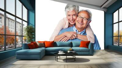 Love, senior and portrait of couple hug, smile and happy together against a studio white background. Relax, face and elderly man with woman embrace, holding and enjoy retirement, bond and isolated Wall mural