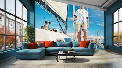 Ocean travel and man on boat portrait with smile for adventure, holiday and summer sunshine. Relax, happiness and mature guy enjoying retirement on luxury yacht break in Croatia, Europe. Wall mural