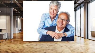 Senior couple, happy portrait and relax hug for love, support care and happiness isolated in white background studio. Elderly man, woman smile and hugging, quality time romance or bonding together Wall mural