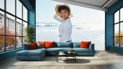 Travel, summer and portrait of black woman at beach on holiday, vacation and weekend by ocean. Happy lifestyle, nature and excited girl laugh, relaxing and enjoying adventure, freedom and fun by sea Wall mural