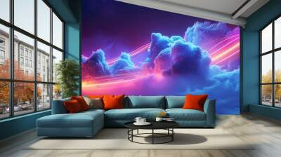 3d render, abstract fantasy background. Fantastic neon cloud and glowing dynamic lines, Generative AI Wall mural