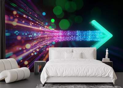 3d render, abstract neon arrow pointing right direction. Telecommunication technology concept. Glowing colorful lines and bokeh lights, Generative AI Wall mural