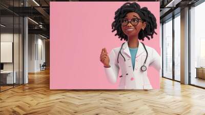 3d render. African woman doctor in glasses, hand gesture, healthcare professional. Black female cartoon character isolated on pink background. Medical, Generative AI Wall mural