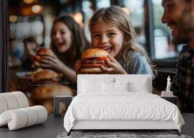 happy family eating burgers sitting at a table in a cafe, Generative AI Wall mural