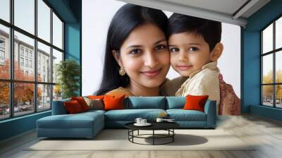 Indian pretty young mother and little boy or son embracing on white background, Generative AI Wall mural