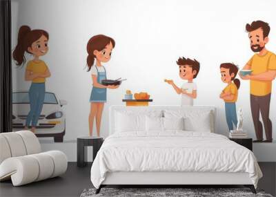 Learning new skills with parents isolated cartoon  illustration set. Teenage girl repairs car with dad, mom and son cooking together, father teaching daughter to dance , Generative AI Wall mural