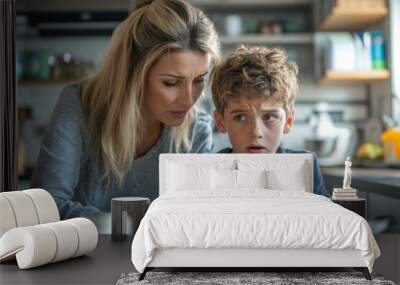 Mother and upset son doing antigen test in kitchen, Generative AI Wall mural