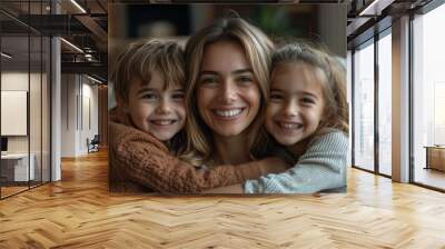 Overjoyed mother with two kids having fun on comfortable couch at home, laughing happy mom with adorable daughter and son tickling, engaged in funny active game, spending leisure time, Generative AI Wall mural