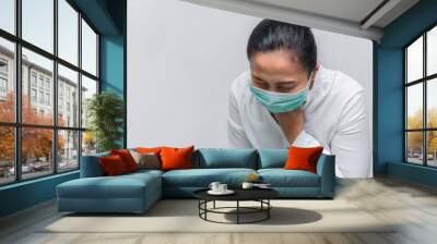 Asian woman business in city of thailand,A girl wearing protection medical mask covid-19 or coronavirus from Infected person,corona protected Help protect For world and people stop virus warning Wall mural