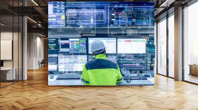 Engineer working at control room,Manager control system,Technician man monitoring program from a lot of monitor Wall mural