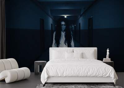 Portrait of asian woman make up ghost,Scary horror scene for background,Halloween festival concept,Ghost movies poster,angry spirit in the apartment Wall mural