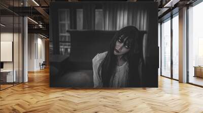 Portrait of asian woman make up ghost,Scary horror scene for background,Halloween festival concept,Ghost movies poster Wall mural