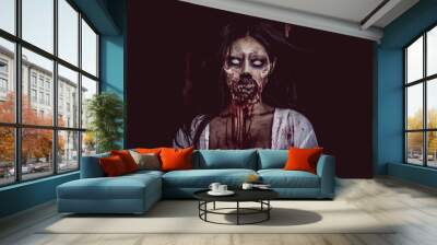 Portrait of asian woman make up ghost face with blood,Horror scene,Scary background,Halloween poster,Thailand people Wall mural