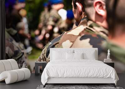 French soldier wearing camouflage uniform, close-up on his back with background Wall mural