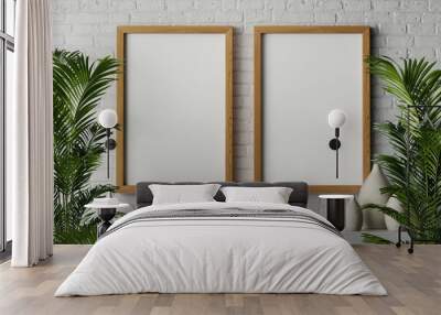 3d rendering of double large 24x36 inch hanging on the white brick wall with canvas paper for poster or artwork mockup in dark wooden frame in cozy modern contemporary natural interior Wall mural