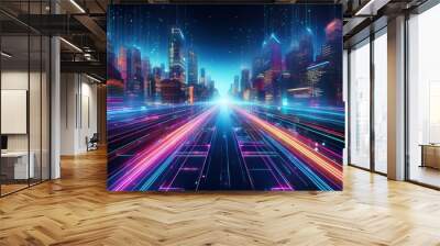 A futuristic city scape with neon lights and glowing digital data streams. Abstract digital technology background. Wall mural