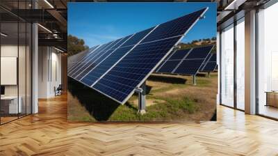 A solar panel installation, highlighting the use of renewable energy sources and promoting sustainability, the panels captured against a clear blue sky symbolizing ecology protection. Wall mural