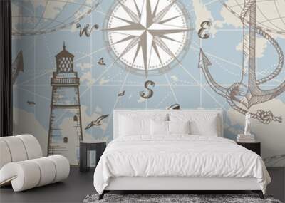 Hand drawn vector seamless sea map with compass, lighthouse, anchor and seashells. Perfect for textiles, wallpaper and prints. Wall mural