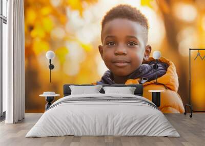 cute kid African boy model street portrait on bright gold autumn background, happy child Wall mural