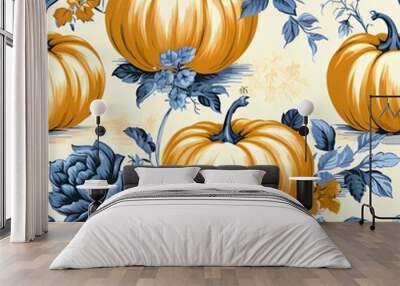 French Toile Fabric style pumpkin seamless pattern.  Wall mural