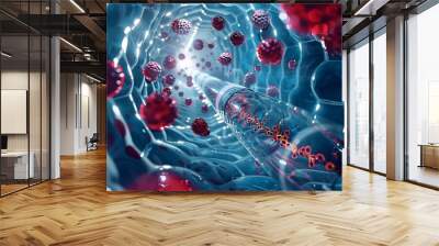 Gene therapy delivery mechanisms, demonstrating viral vectors and gene editing tools used to inject therapeutic genes into target cells. Wall mural