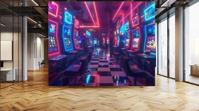 Slot machines in a dark room with neon lighting in the style of digital art. Wall mural