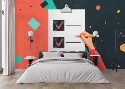 Hand actively marking items, making choices, leaving a vote on a list against a bright background of geometric shapes and colors, preparing for an important task or event Wall mural