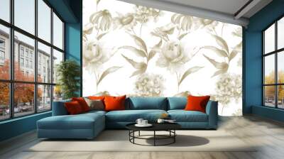 seamless pattern with hydrangea, hibiscus and rose flowers Wall mural