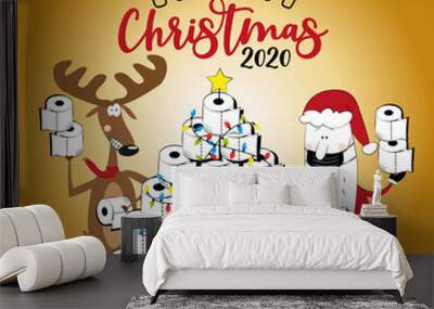 Merry  Christmas 2020 -Funny reindeer and Santa Claus in facemask and toilet paper christmas tree. For greeting card, poster textile print, for Christmas in covid-19 pandemic self isolated period. Wall mural