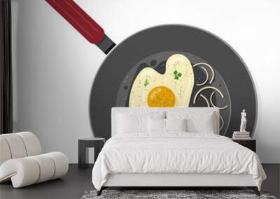 Vector illustration of fried eggs in a frying pan with onions, herbs and spices. Delicious, hot, traditional breakfast Wall mural