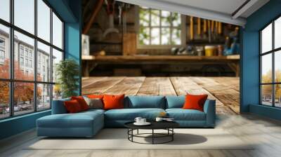 wide wooden table in the foreground, blurred background with carpentry tools on the wall. Light from the window Wall mural