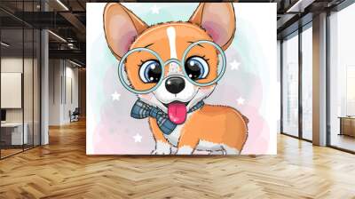 Cartoon Dog Corgi with a blue bowtie and glasses Wall mural