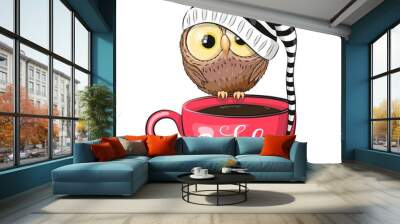 Cartoon owl is sitting on a Cup of coffee Wall mural