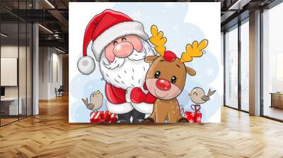 Cartoon Santa Claus with deer on a blue background Wall mural