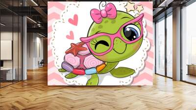 Cartoon Turtle girl in pink eyeglasses with a bow Wall mural