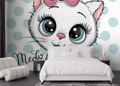 Cartoon white Kitten with a pink bow on a dots background Wall mural