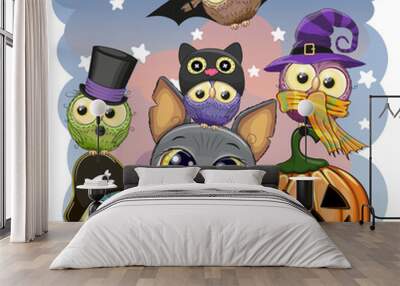 Cute Cartoon Bat with pumpkin and five owls Wall mural