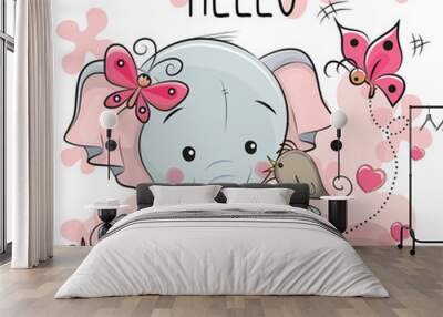 Cute cartoon Elephant with bird Wall mural