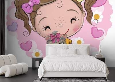 Cute cartoon girl holds a Yorkshire terrier Wall mural