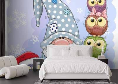 Cute Cartoon Gnome and Owls blue background Wall mural