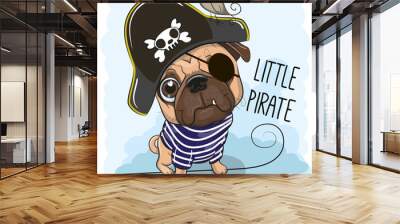 Cute Pug Dog in a pirate hat Wall mural