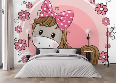 Greeting card Cute Horse with flowers Wall mural