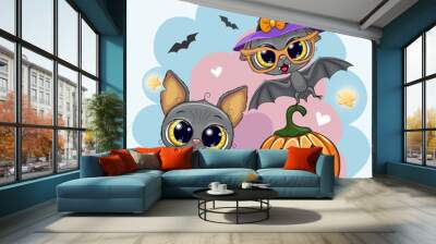 Greeting Halloween card with two bats Wall mural