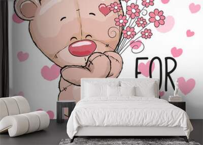 Teddy Bear with flowers Wall mural