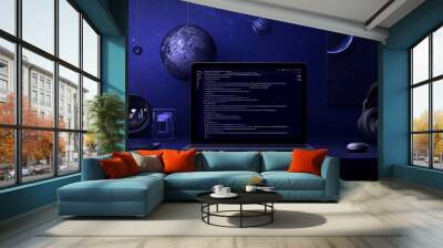 A MacBook Pro with the code on the screen is sitting in front of an epic dark blue background. A pair of black headphones hang off to one side, and the desk it's set up on has some tech gadgets. There Wall mural