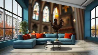 Ornate candle holder with a single lit candle in a church.
 Wall mural