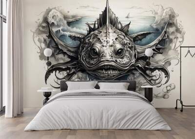 monster fish and sea tattoo design, clipart, illustration,  Wall mural