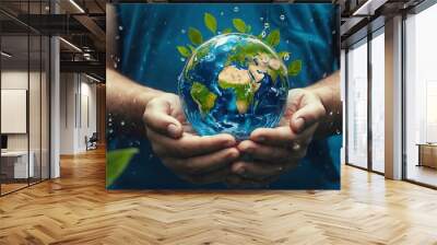 Saving water and world environmental protection. Show a globe with lush greenery, clear blue oceans, and healthy ecosystems. Wall mural