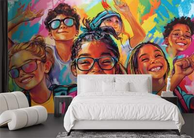 A Colorful Portrait of Five Smiling Children Wearing Sunglasses and Glasses Wall mural