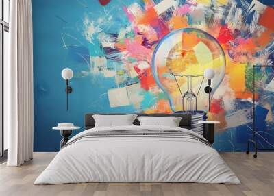 A light bulb shines against a colorful abstract background Wall mural